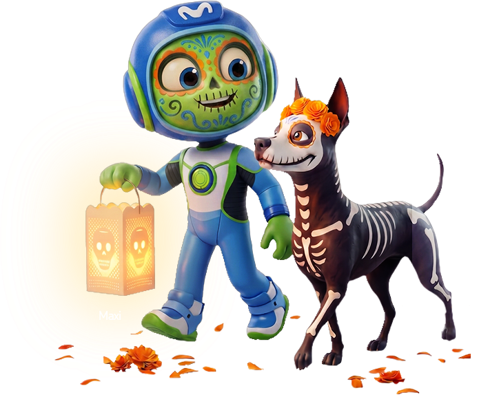 Maxi, el astronauta de Movistar con cara de calaverita y su linterna iluminando junto a su perro xoloitzcuintle